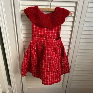 Kalinka Girls Red Plaid Pinafore Dress with Crochet Collar Size 1-2 YR